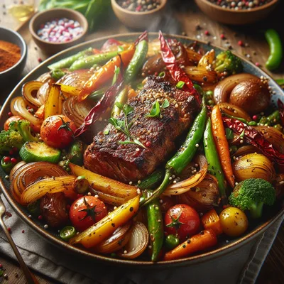 Grilled Steak With Roasted Vegetables On A Platter