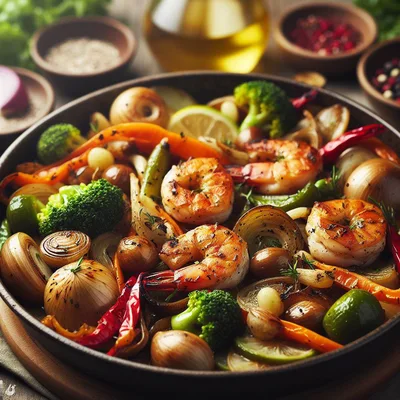Grilled Shrimp And Vegetable Medley In A Skillet