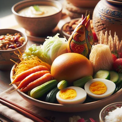 Traditional Asian Platter With Fresh Vegetables And Boiled Eggs