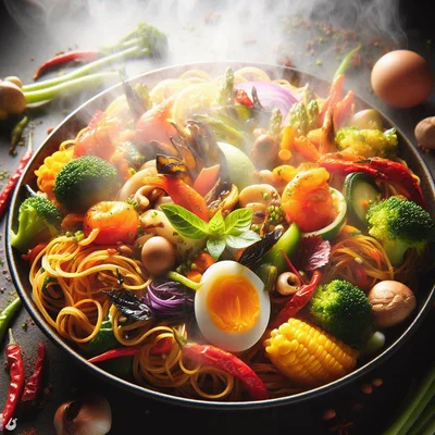 Steaming Bowl Of Spicy Vegetable Stir Fry Noodles