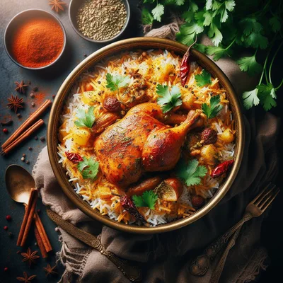 Whole Roasted Chicken Biryani In A Brass Bowl