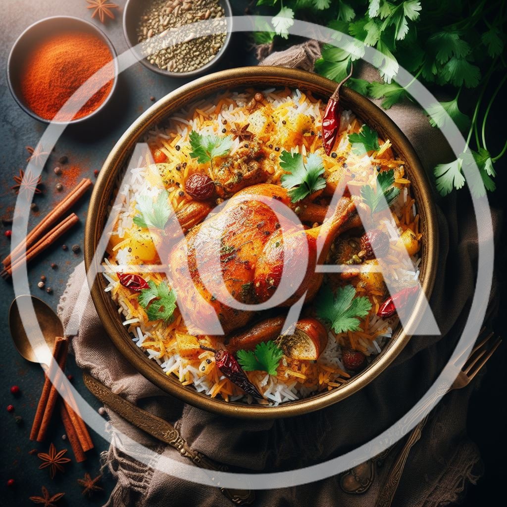 Whole Roasted Chicken Biryani In A Brass Bowl