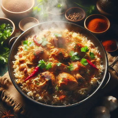 Steaming Bowl Of Traditional Chicken Biryani