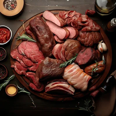 Assorted Smoked Meats Platter on Wooden Board