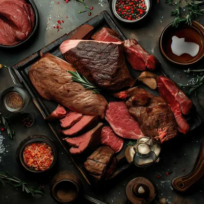 Assorted Cuts of Raw and Cooked Beef on Wooden Board