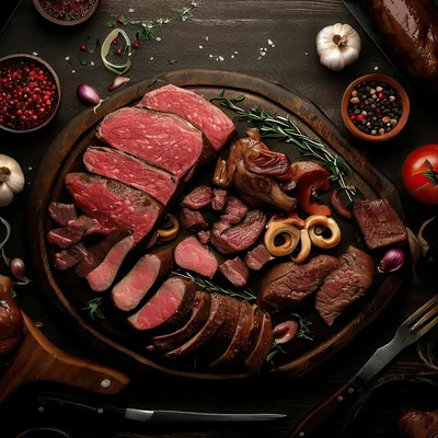Gourmet Sliced Beef Roast Platter on Wooden Board