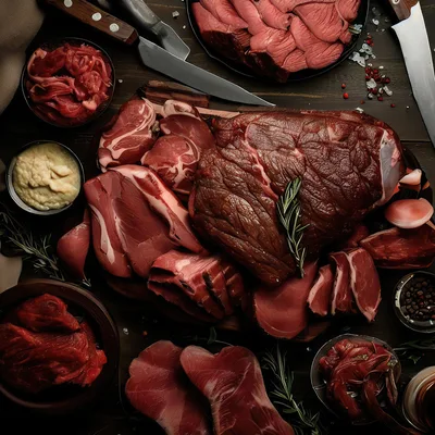 Assorted Raw Meat Cuts on Wooden Cutting Board