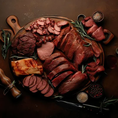 Assorted Smoked Meats On A Wooden Serving Board