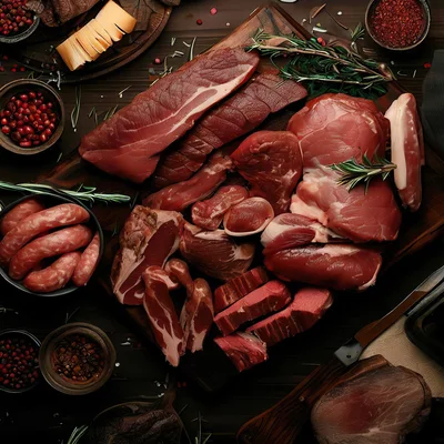 Assorted Raw Meats and Sausages on Wooden Board