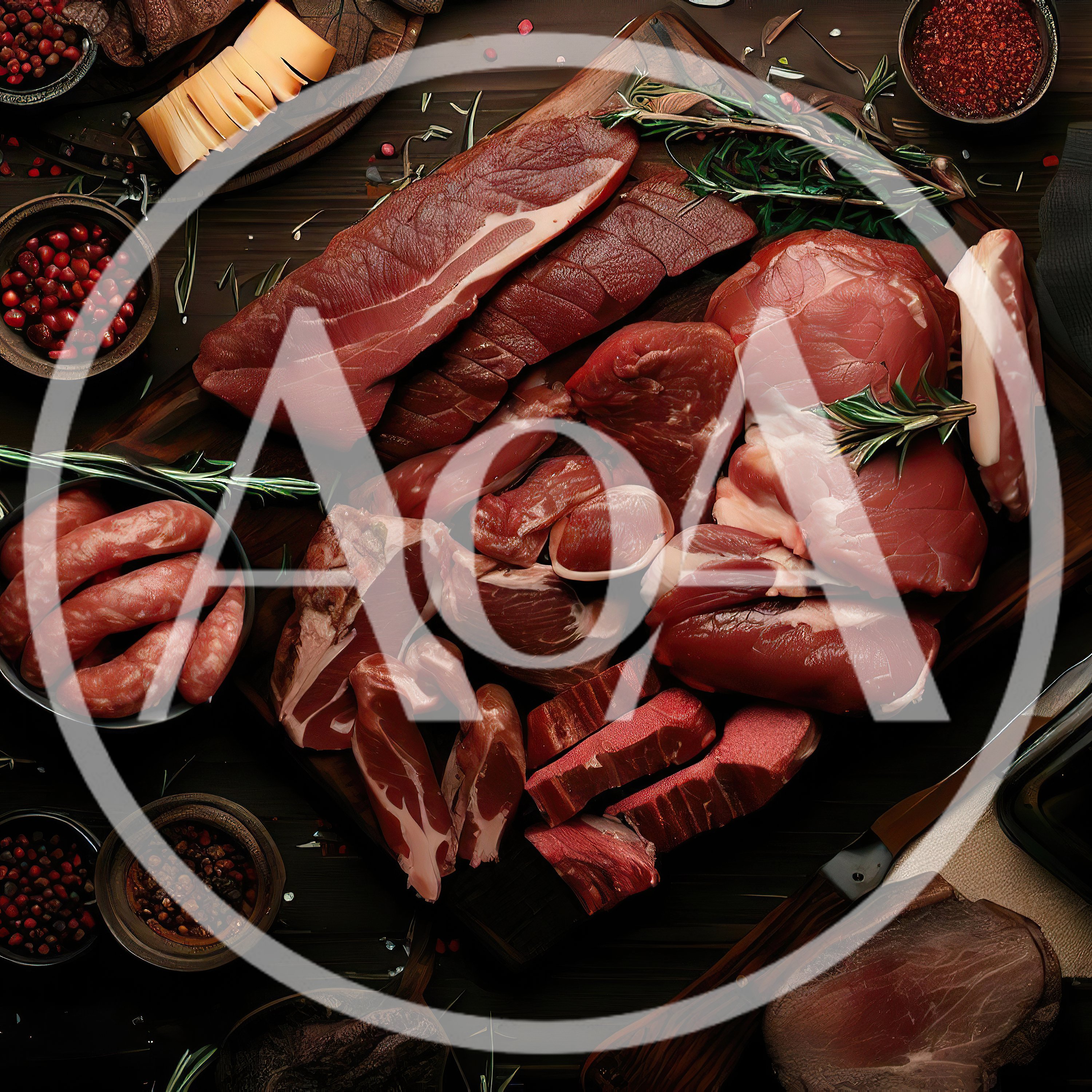Assorted Raw Meats and Sausages on Wooden Board
