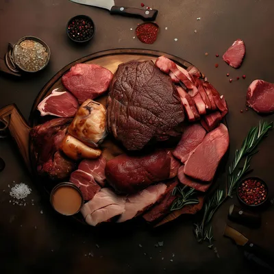 Assorted Raw Meat Cuts on Wooden Serving Board