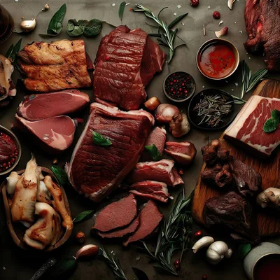 Assorted Raw Meat Cuts and Spices on Dark Surface