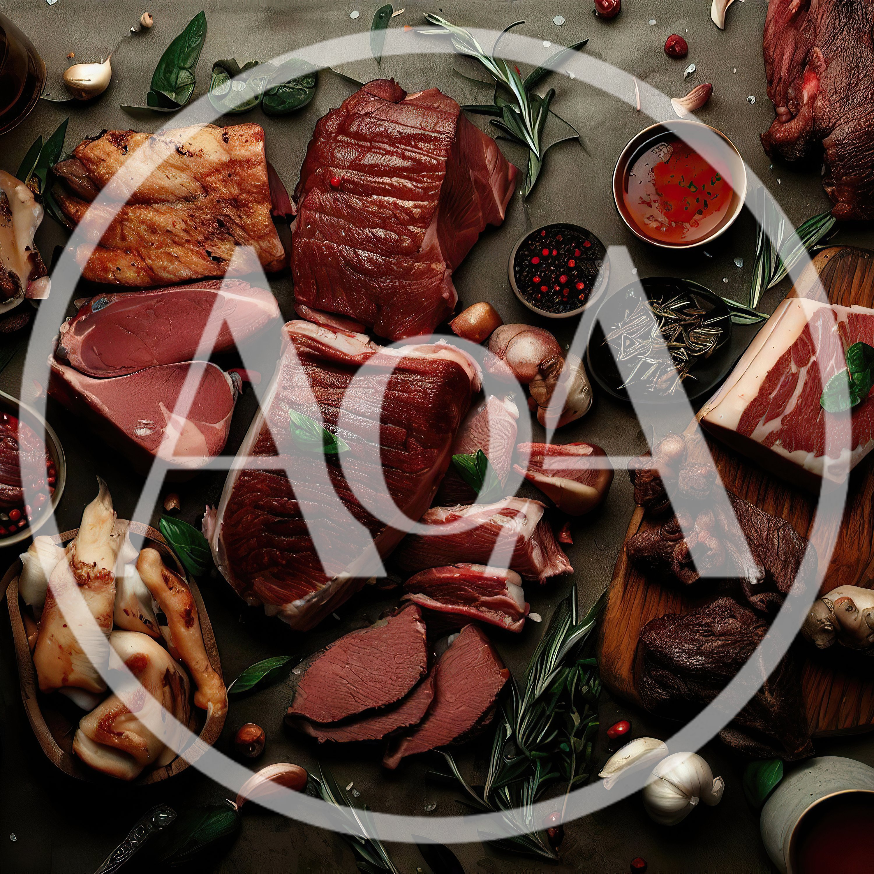 Assorted Raw Meat Cuts and Spices on Dark Surface