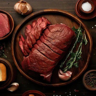 Raw Beef Roast on Wooden Platter with Herbs