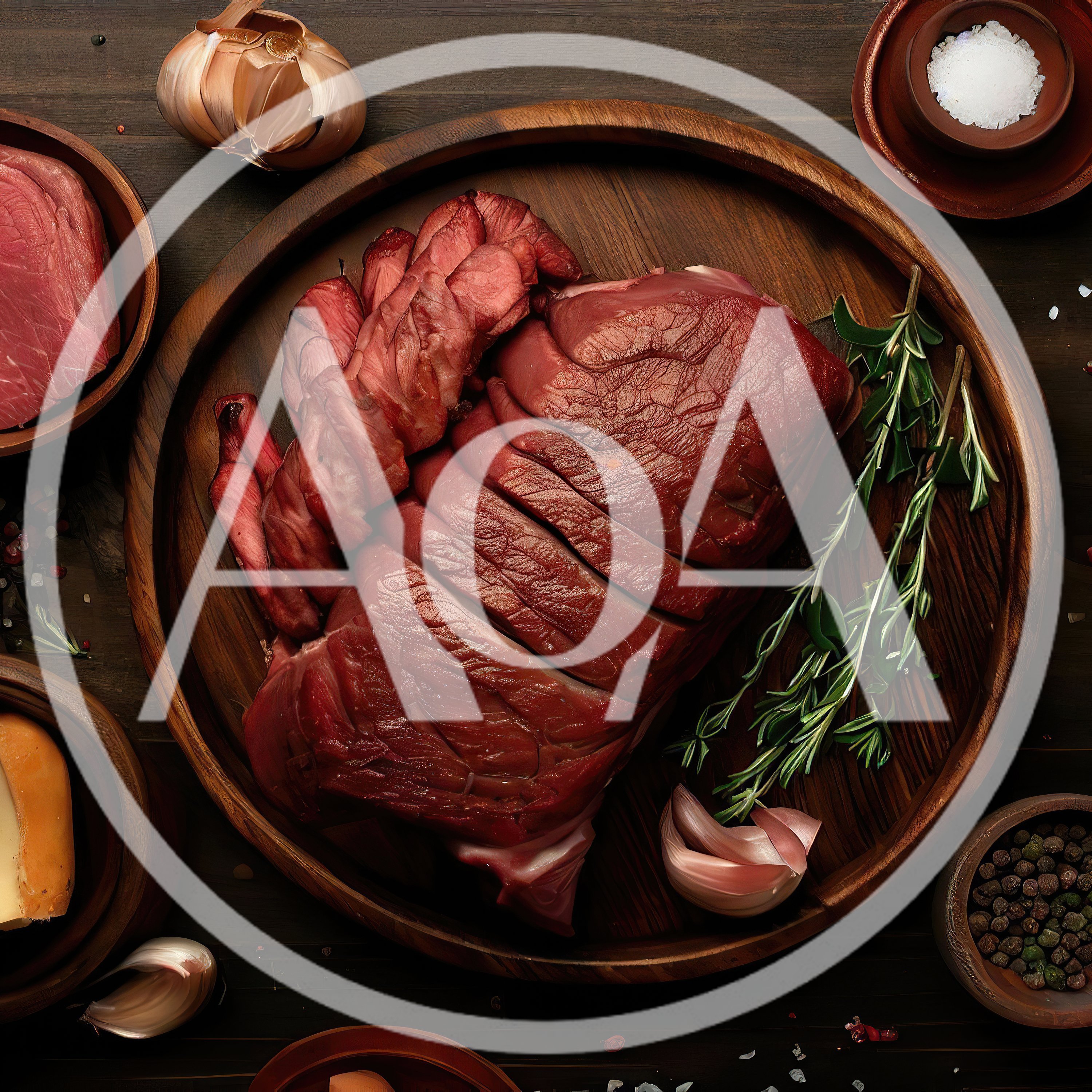 Raw Beef Roast on Wooden Platter with Herbs