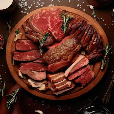 Assorted Sliced Meats And Steaks On Wooden Platter