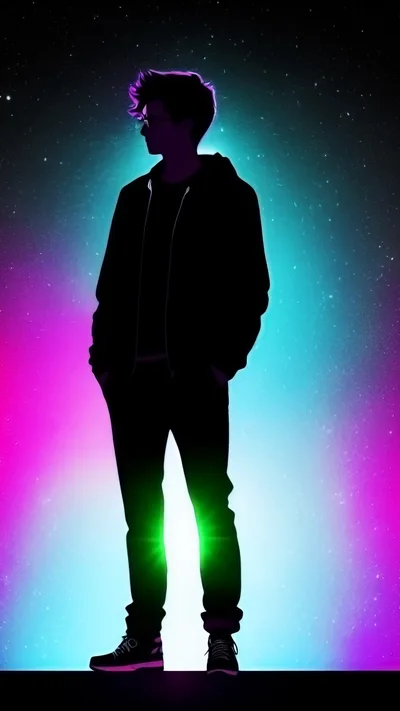 Silhouette Of A Young Man Standing Against Neon Background