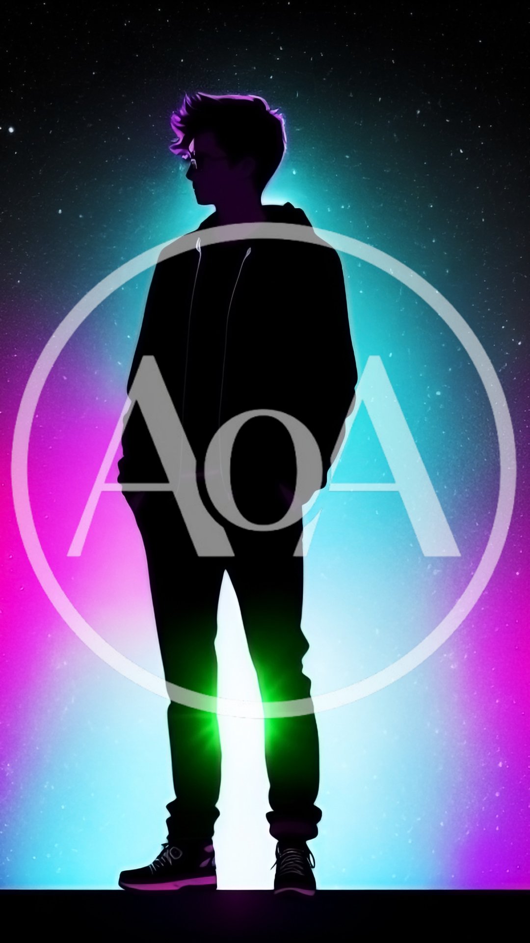 Silhouette Of A Young Man Standing Against Neon Background