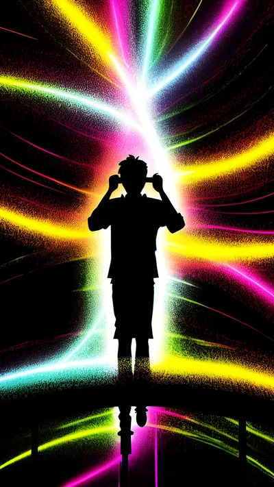 Silhouette Of A Person Standing Against Vibrant Light Streaks