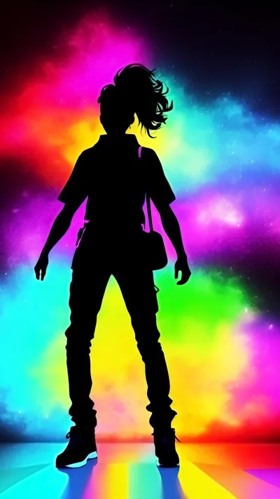 Silhouette Of A Person Standing Against Vibrant Rainbow Nebula