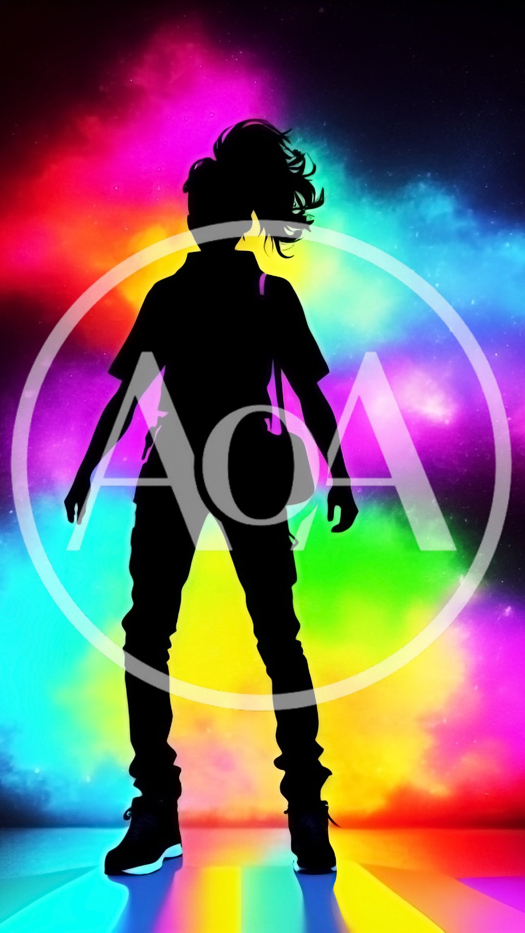 Silhouette Of A Person Standing Against Vibrant Rainbow Nebula