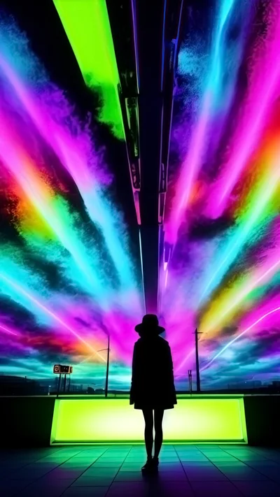 Silhouette Of A Person Standing Under Neon Sky