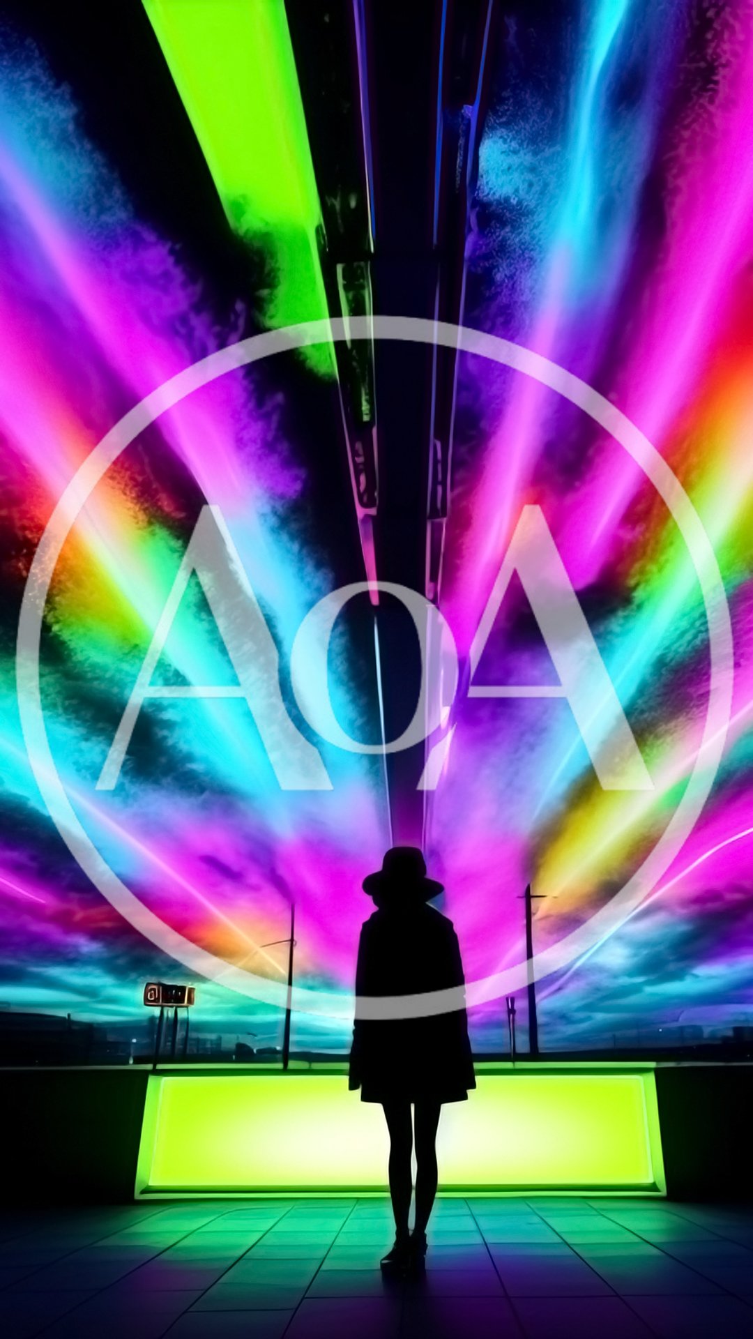 Silhouette Of A Person Standing Under Neon Sky