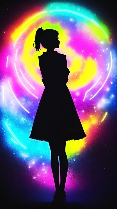 Silhouette Of A Girl Against A Vibrant Neon Galaxy