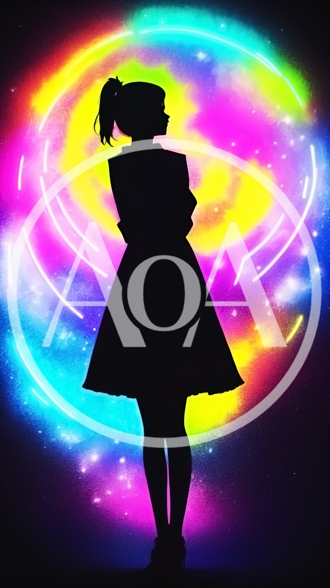 Silhouette Of A Girl Against A Vibrant Neon Galaxy