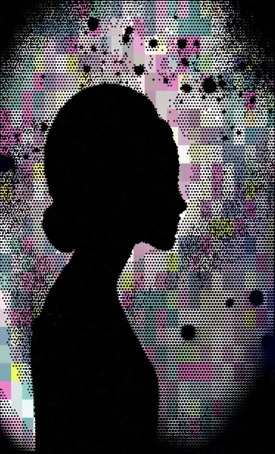 Silhouette Of A Woman Against A Colorful Pixelated Background
