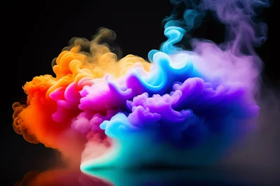 Abstract Colorful Smoke Clouds Swirling Against Black Background