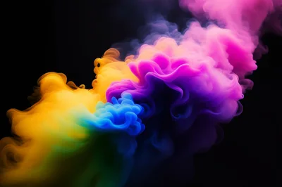 Vibrant Multicolored Smoke Clouds Swirling Against Black Background