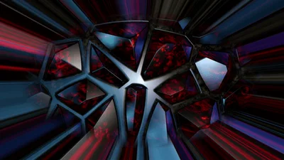 Abstract Geometric Structure With Glowing Red Crystal Fragments