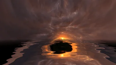 Surreal Sunset Reflection Over Calm Dark Water