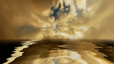 Golden Clouds Reflecting Over Calm Water Surface