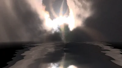 Abstract Glowing Light Rays Over Calm Reflective Water