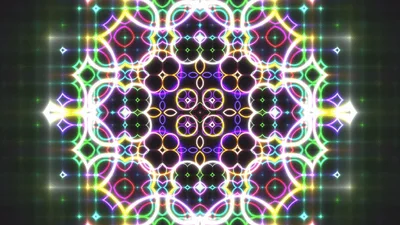 Neon Kaleidoscope Pattern Pulsing With Colorful Geometric Lights