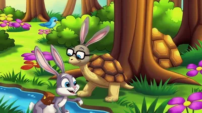 Animated Rabbit And Turtle Talking By A Forest Pond