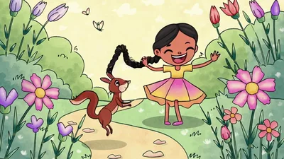 Happy Girl Playing With A Squirrel In A Garden