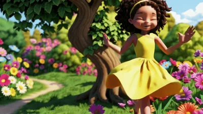 Happy Girl Dancing In A Sunny Flower Garden