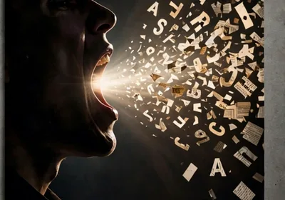 Man Shouting With Letters And Paper Fragments