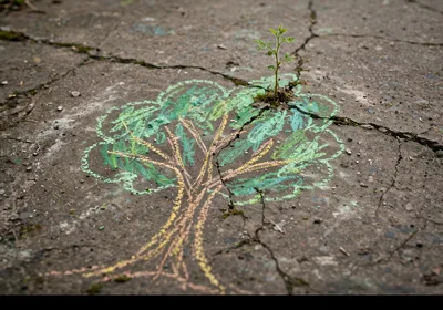 Small Green Plant Growing Through Cracked Concrete Pavement