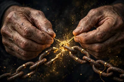 Elderly Hands Mending Broken Rusty Chain With Golden Thread
