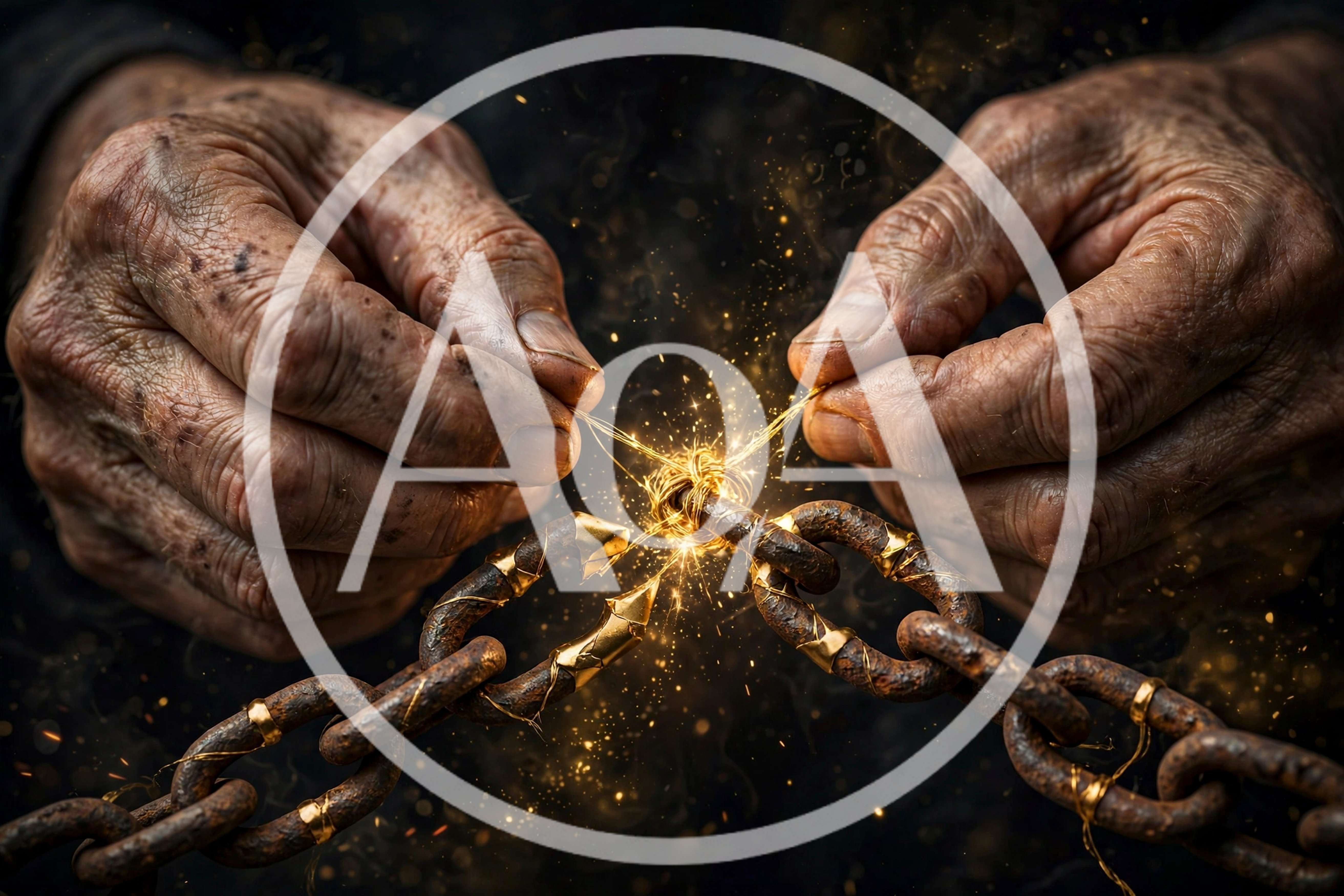 Elderly Hands Mending Broken Rusty Chain With Golden Thread