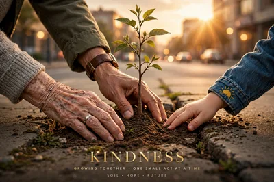 Elderly and Child Hands Planting Sapling Together