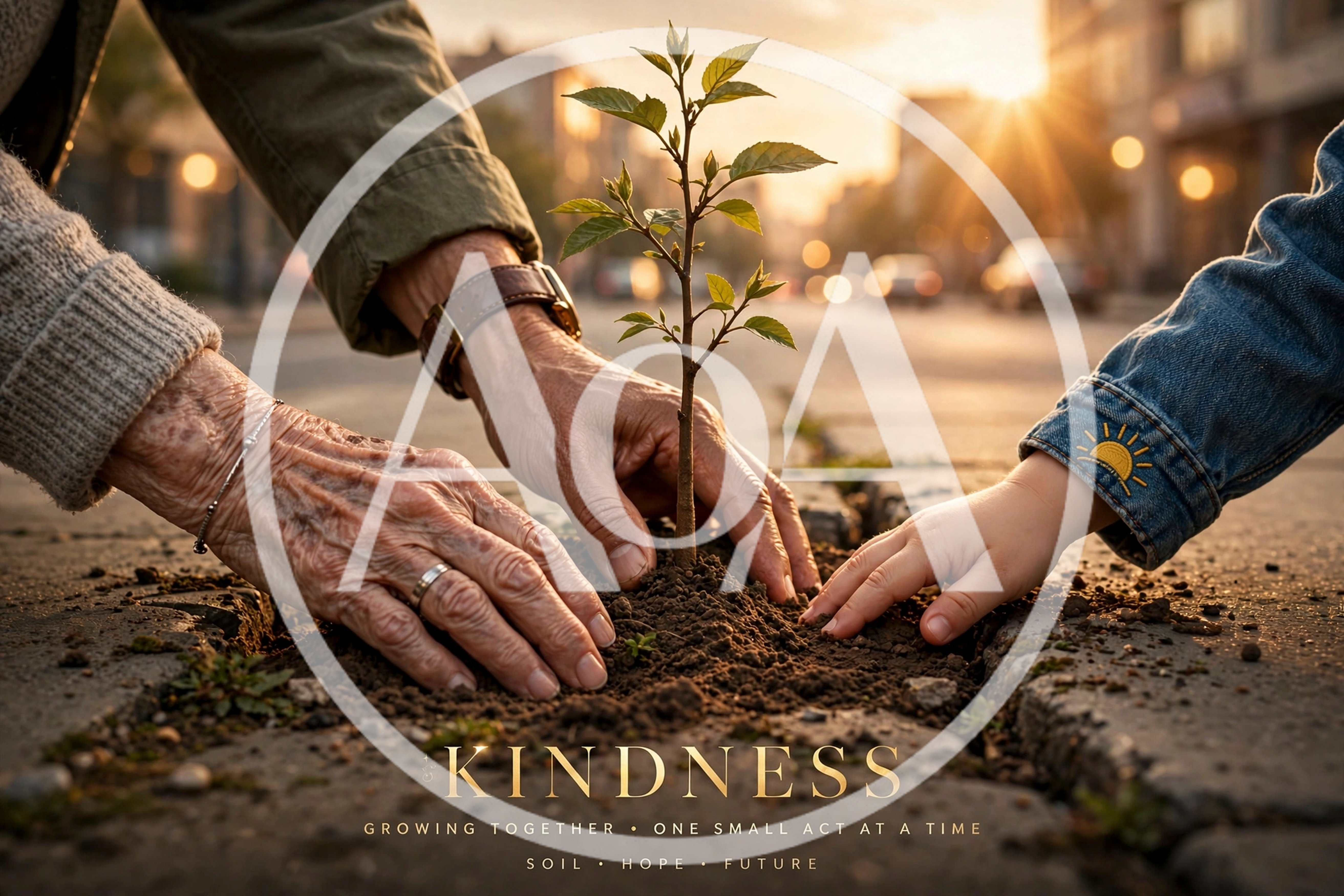 Elderly and Child Hands Planting Sapling Together