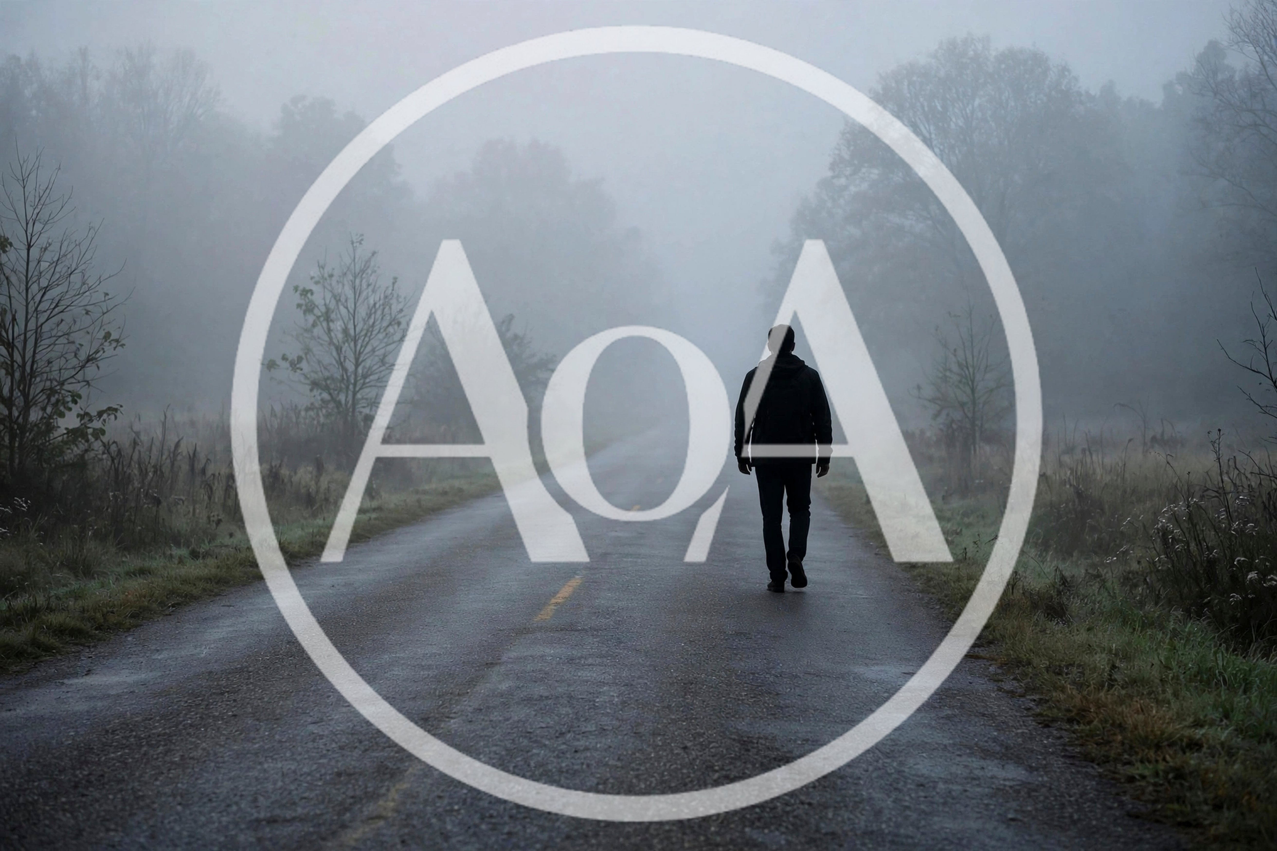 Man Walking Alone Down A Foggy Country Road