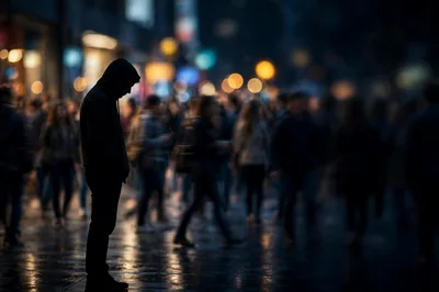 Lonely Man Standing Alone In A Crowded City Street