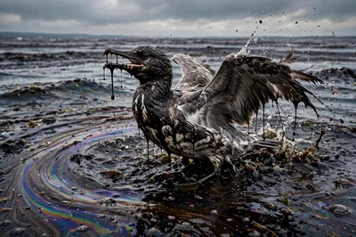 Oil Soaked Seabird Struggling In Polluted Ocean Water