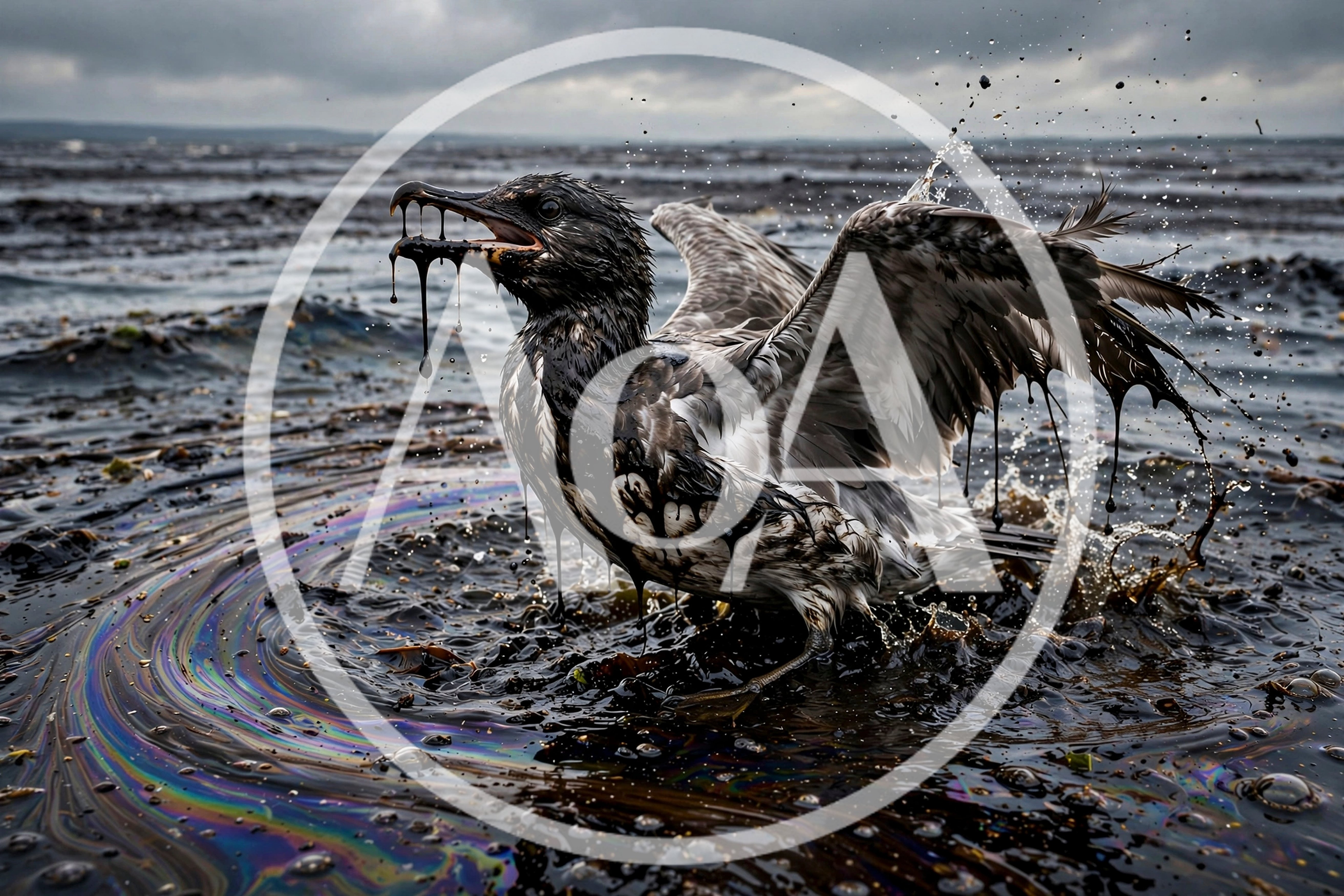 Oil Soaked Seabird Struggling In Polluted Ocean Water